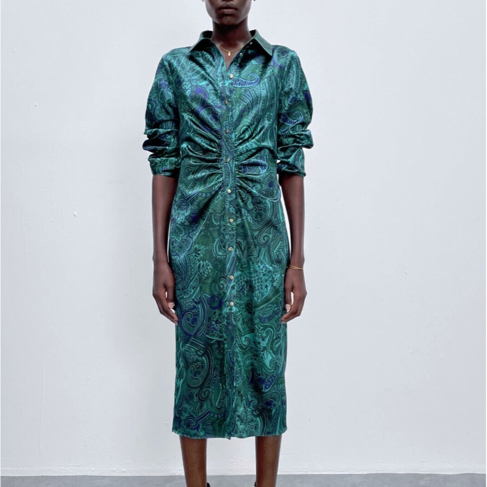 NWT Zara V-Neck Printed Shirt Midi Dress
